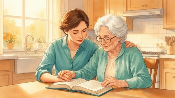 Une aidante accompagne un proche malvoyant dans la lecture à domicile