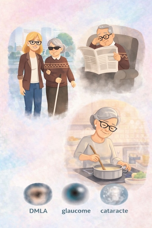 Illustration aquarelle montrant différentes situations de basse vision