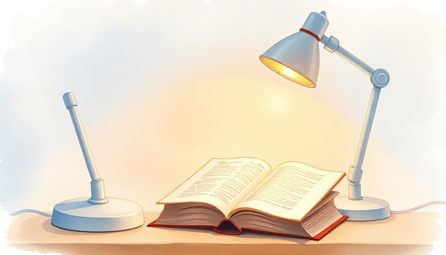 Illustration aquarelle d'une lampe de bureau éclairant un livre ouvert