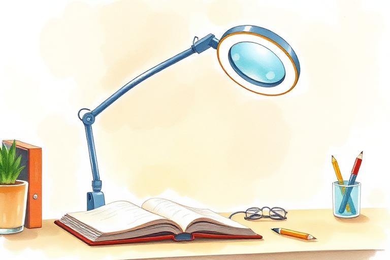 Illustration aquarelle d'une lampe-loupe à pince fixée sur un bureau