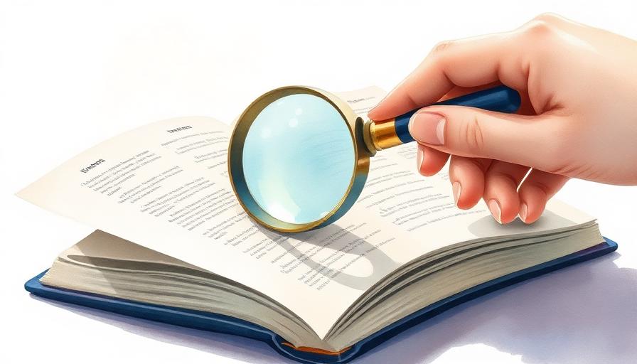 Illustration aquarelle d'une loupe en verre posée sur un livre ouvert