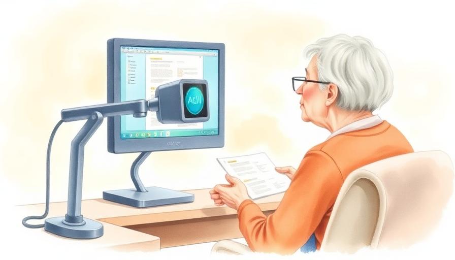 Illustration aquarelle d'une personne utilisant un télé-agrandisseur avec grand écran