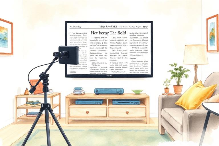 Illustration aquarelle d'une caméra de lecture projetant un document sur un grand écran TV