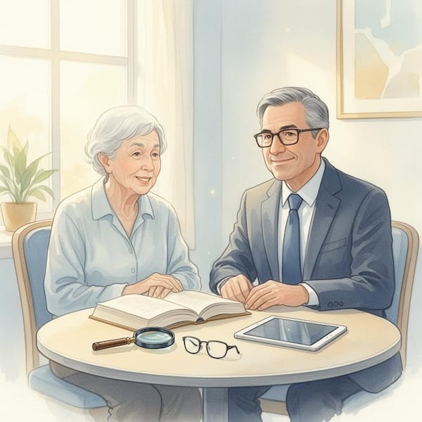 Visiopraticien en consultation avec une personne malvoyante autour d'une table avec livre, loupe, lunettes et tablette