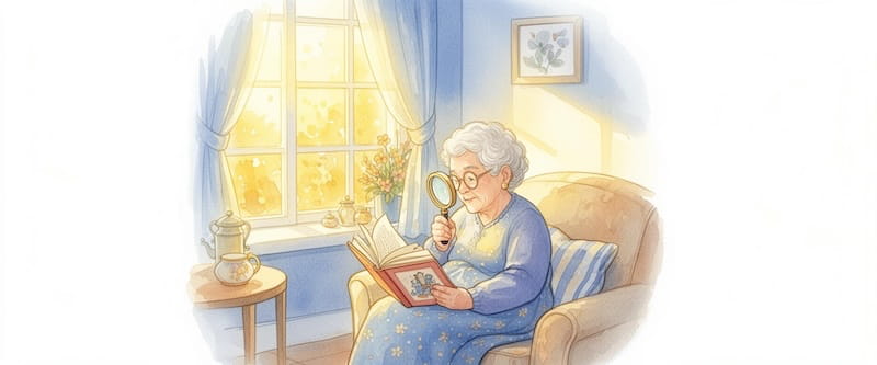 Personne malvoyante lisant avec une loupe chez elle