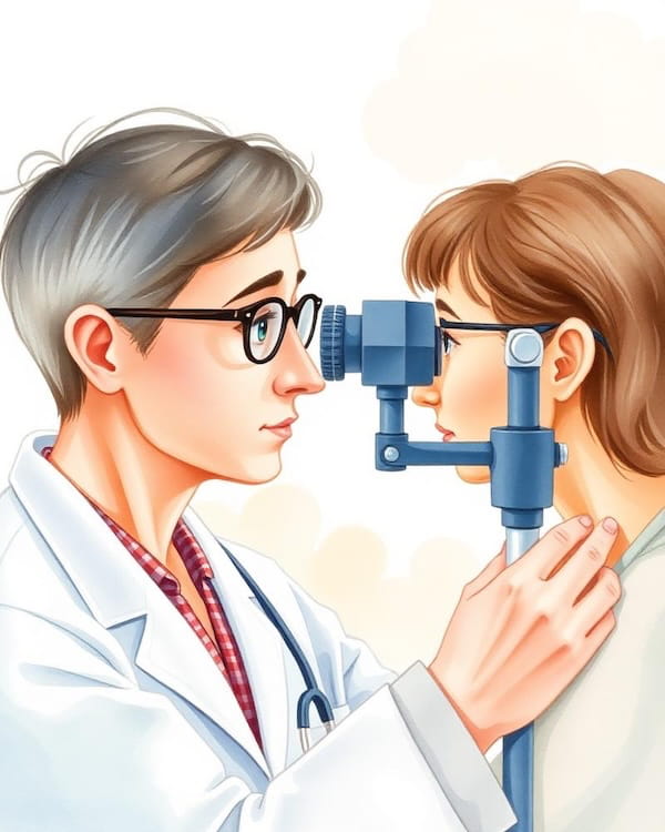 Illustration aquarelle d'un professionnel de l'optique réalisant un examen visuel