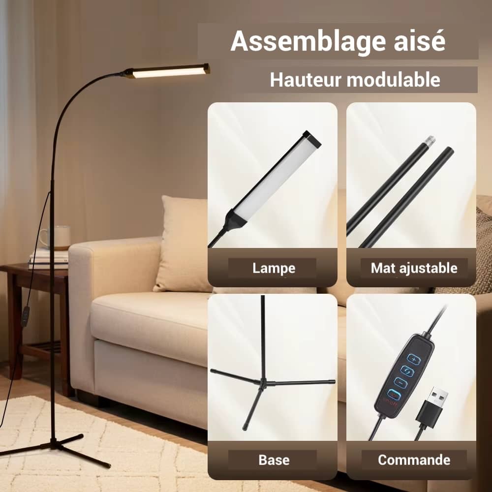Lampadaire SOLVEIG : détails de la lampe, du mât, de la base et de la commande