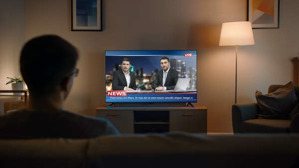 Senior utilisant les lunettes loupes Max TV pour regarder la télévision