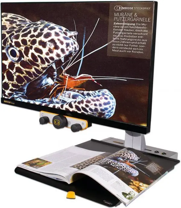Le téléagrandisseur Mezzo affiche l’image agrandie de la photo d’une murène présente dans le magazine posé sur le plateau de lecture.